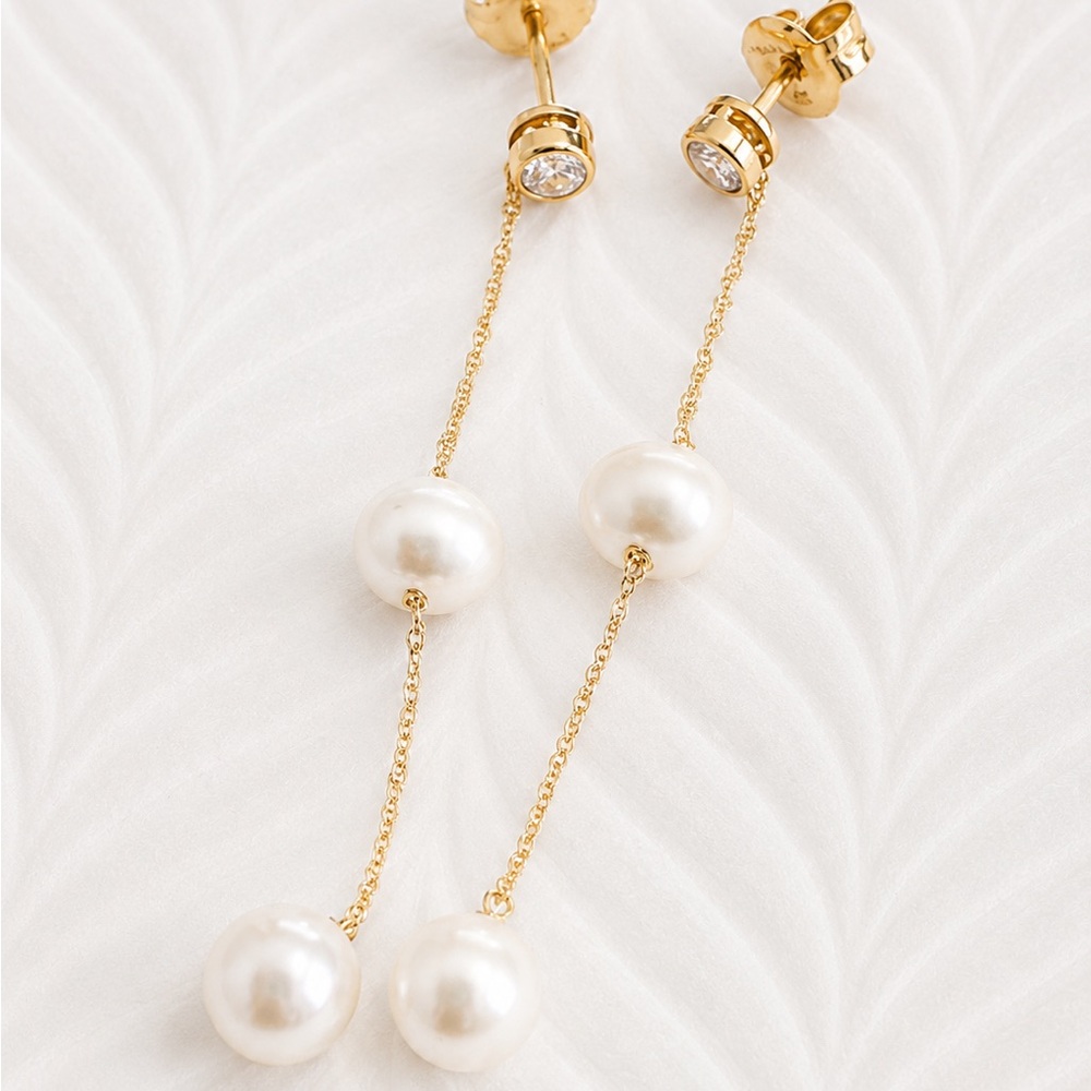 Effy 14k yellow Gold with Diamond fresh Water Pearl Drop Earrings gift - Picture 4 of 4